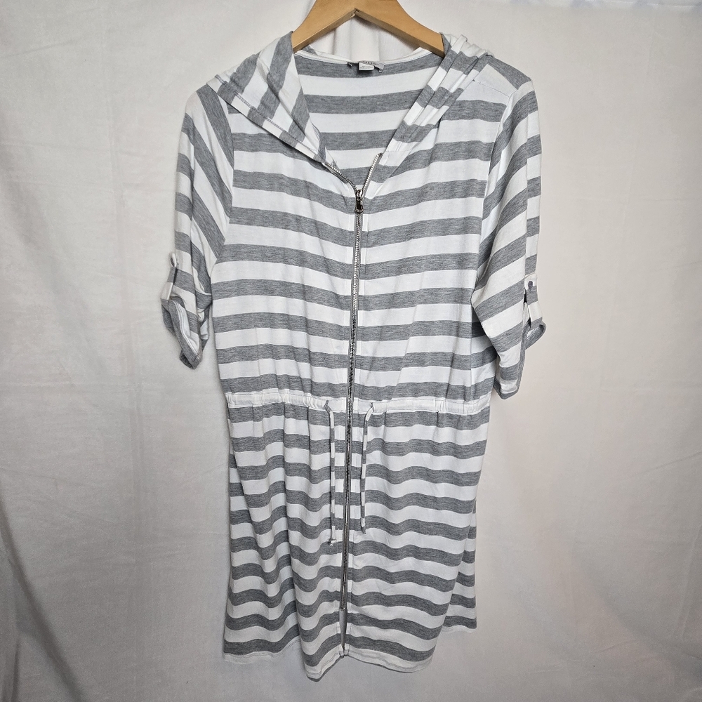 Venus Grey Stripe Zip Up Cover Up Mini Tunic Top Dress M Beach Vacay Hoodie